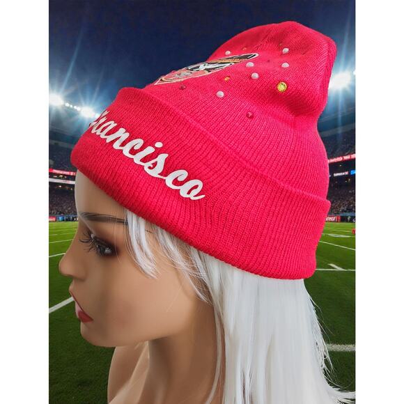 San Francisco 49ers Red Beanie design with Logo, Rhinestones and pearls - Picture 5 of 5